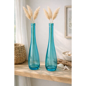 Pair Tall Aqua Glass Bottles 17” Coastal Beach Decor Vases